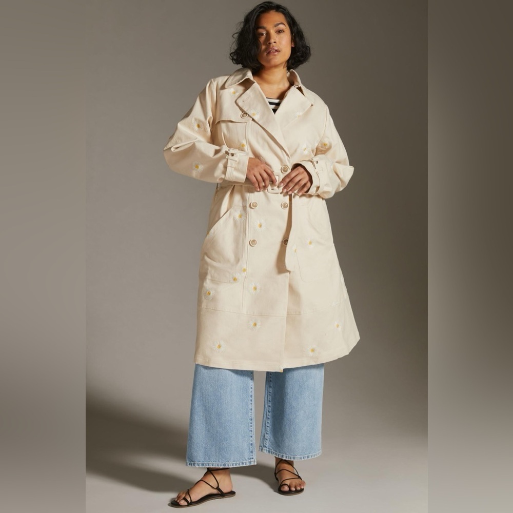 Anthropologie Maeve Embroidered Daisy Trench Coat Size 22 Cotton Hemp